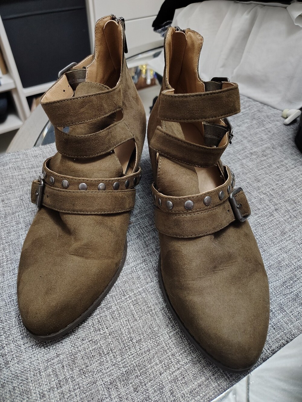 Olive Green Suede Studded Ankle Boots - Women